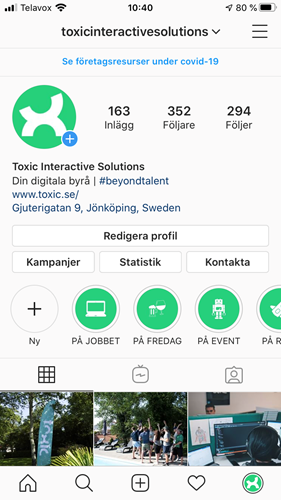 Toxic's Instagram profilbild som illustrera en bra använding av hashtag och länk i profilens beskrivning.