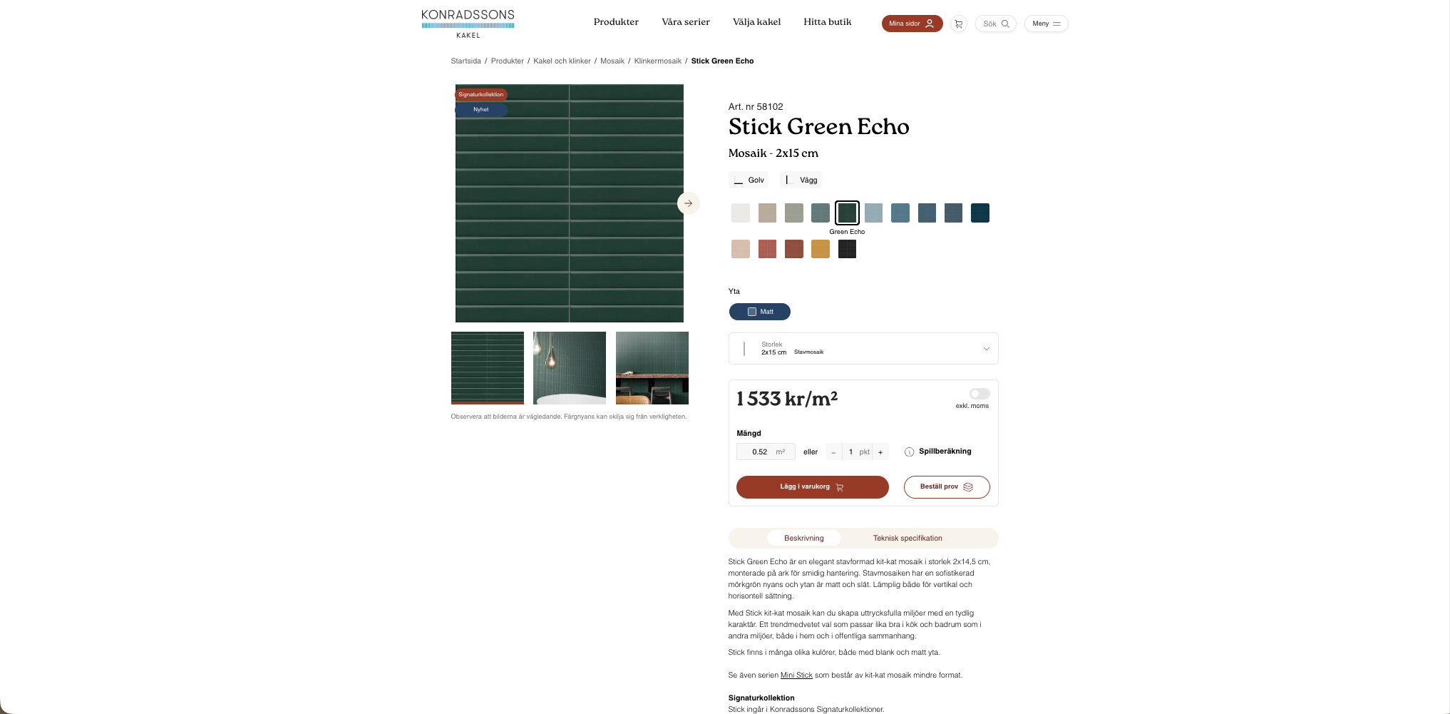 Logged-in customer portal on Konradssons Kakel's website with an overview of company information, latest orders, and menu options for delivery addresses, profile, and order history.