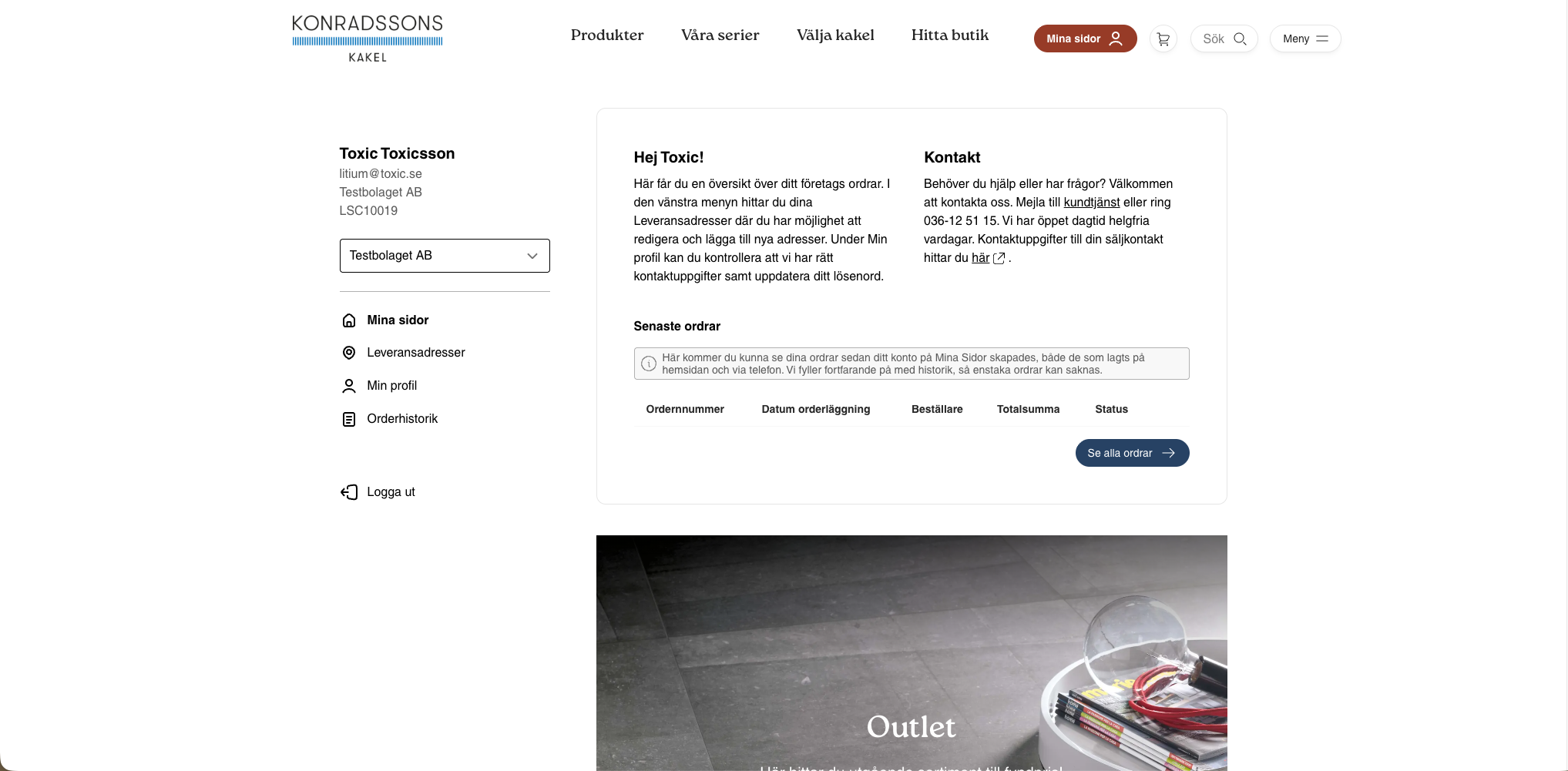 Logged in mode on Konradssons Kakel's website with an overview of company information, delivery addresses, profile, and order history.