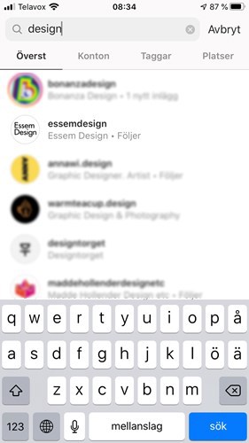En sökning på ordet design på Instagram