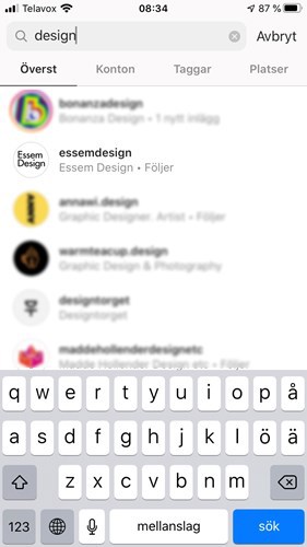 En sökning på ordet design på Instagram