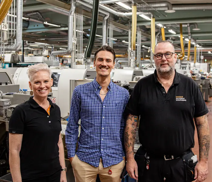 Linda Fransson, VD, Albin Sandberg, produktionsutvecklare och Ola Davidsson, produktionsledare