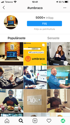 En instagram sökning av hashtagen #umbraco