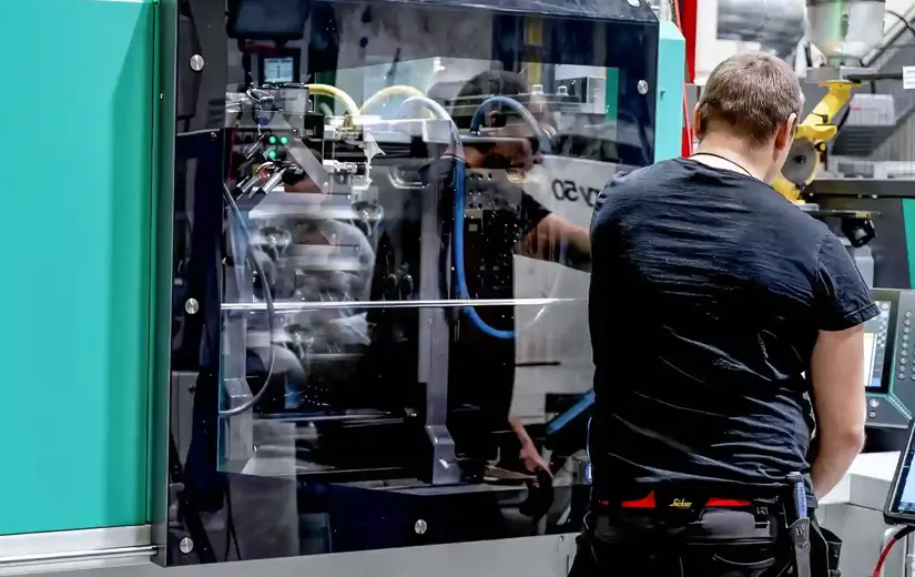 Person från Logstri Fastighets AB som jobbar med en maskin i industri