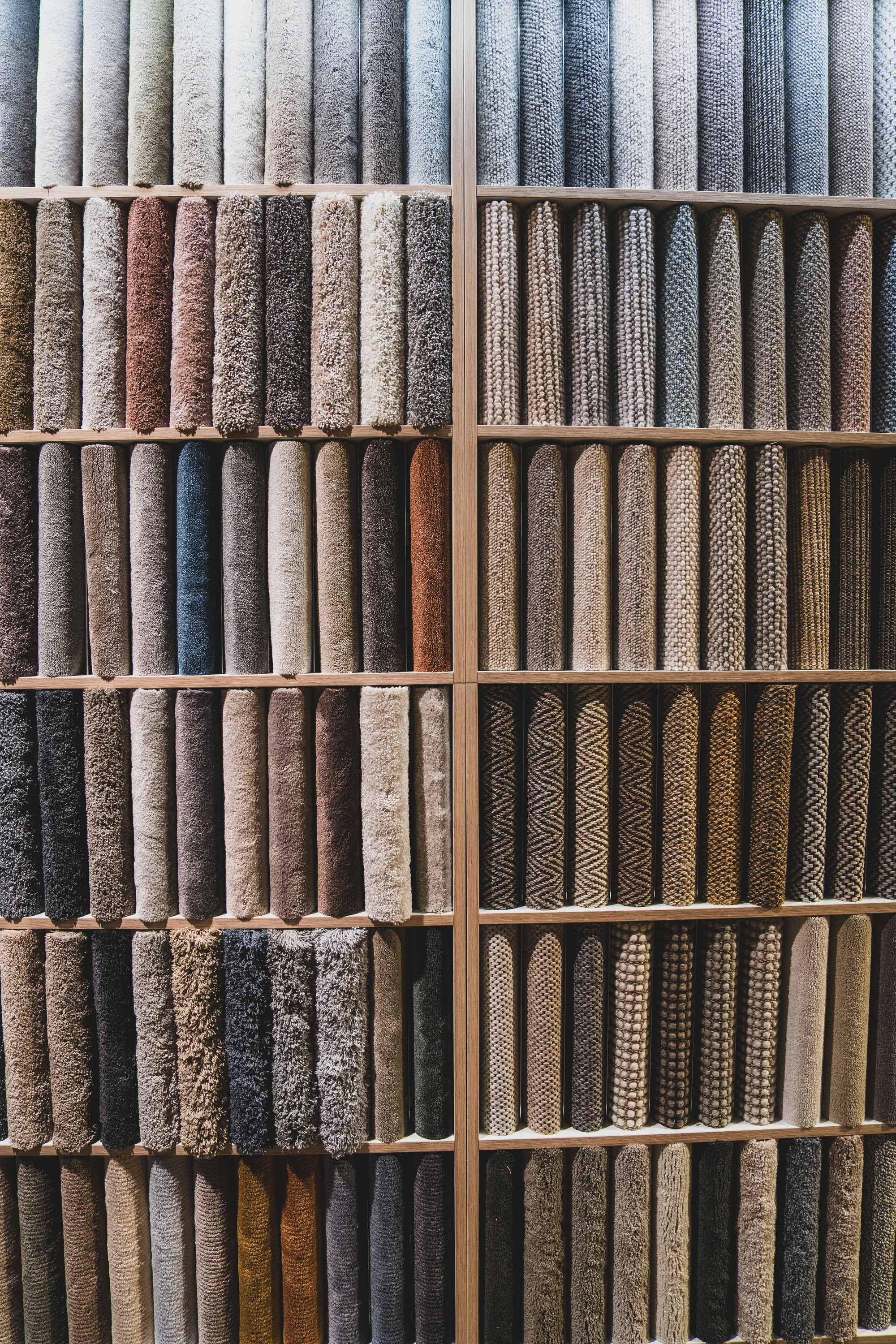 Hylla med mattprover i olika färger och strukturer.